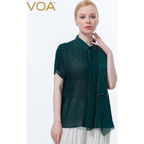VOA Silk Jacquard Peacock Green POLO Collar Short-sleeved Shirt with Asymmetric Wrinkle Design Shirts Womens Tops BE653