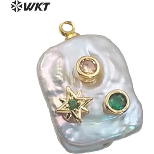WT-MP134 natural freshwater pearl&CZ Pendant quadrilateral shape with gold pattern Pendant stone pave women charm Jewelry