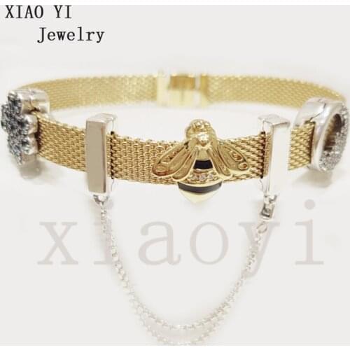 XIAOYI 2020 New 100% S925 Yellow bee zircon flower round safety chain fashion European women wide version bracelet wedding