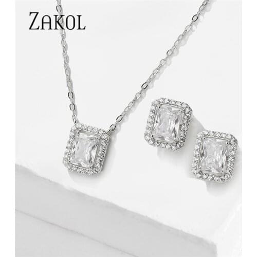 ZAKOL Simple Temperament Clear Color Square Cubic Zirconia Jewellery Set Women Luxury Wedding Necklace Earrings SP3347