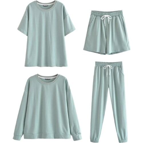 Women Solid Casual Tracksuits 2021 Loose O Neck Tshirt Shorts Pants Suits Female Summer Home Style Two Piece Sets Lady Pullover