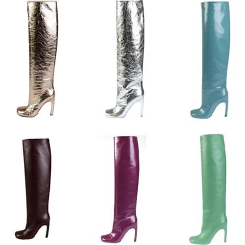 Womens Round Toe Knee Thigh Boots Stilettos High Heel Pull On Shoes Chelsea Western Candy Colors Glitter Plus Size New 2021