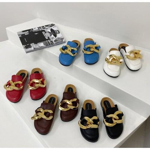 New Brand Design Gold Chain Women Slipper Closed Toe Slip on Mules Shoes Round Toe Low Heels Casual Slides Flip Flop
