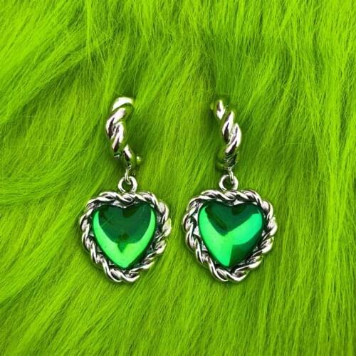 Y2K Jewelry Green Heart Earrings for Women Metal Fashion Elegant Cool Vintage Goth Earrings Charms 90s Aesthetic Gifts 2021 New