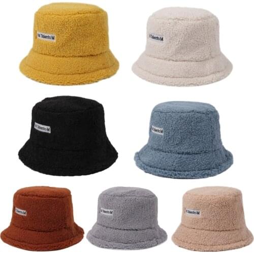 Women Winter Thicken Warm Faux Fleece Bucket Hat Letters Label Solid Color Harajuku Student Adjustable Fisherman Cap