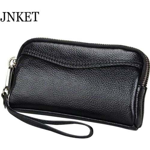 JNKET Genuine Leather Womens Purse Double Zippers Clutch Wallet Billfold Card Holder Waterproof Durable Long Wallet Handbag