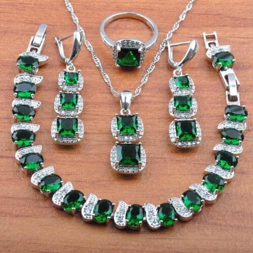 Silver Color Natural Stones CZ Green Women Costume Jewelry Sets Long Dangle Earrings/Necklace/Bracelet/Ring Sets JS0420