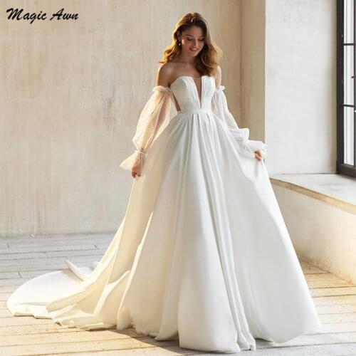 Magic Awn Vestidos Beach Wedding Dresses Satin Sweetheart Detachable Puff Sleeves Illusion A-Line Boho Wedding Party Gown Robes