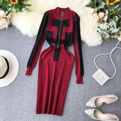 Slim Patchwork Zipper Autumn Winter Bodycon Knit Sweater Midi Pencil Dress Party Women Casual Long Sleeve Office Sheath Vestidos