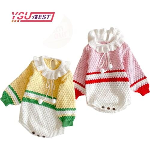 2021 Spring Baby Girls Knit Rompers Color Long Sleeve Wool Knitted Baby Princess Triangle Jumpsuit Toddler Kids Ruffle Clothing
