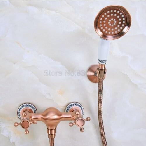 Antique Red Copper Wall Mounted Bathroom Bathtub Faucet Mixer Tap w/Hand Shower tna293