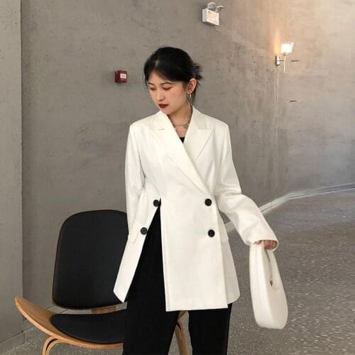 White Notched Collar Blazer Plus Size Irregular Double Breasted Loose Suit Coat Korean Casual Long-sleeve 2021 Spring Autumn New