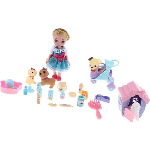 Kids Play House Kits Simulation Vinyl Girl Doll with Plastic Pet Store Set Pretend Play Toys