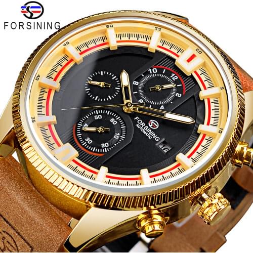 Forsining Automatic Men Analog Watch Luxury Mechanical Wristwatch Genuine Leather Military Watches 2021 New Month Week Display