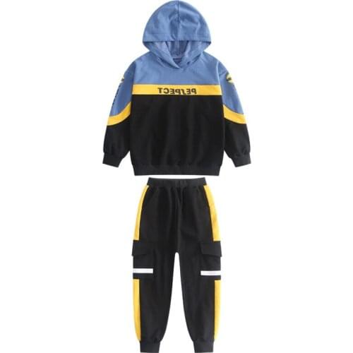 Kids boys spring / autumn suits spell color hooded jacket + 2pcs sets of new casual trousers big virgin suit