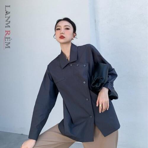 LANMREM 2021 New Korean Style Button Shirt Solid Color Polo Neck Long Sleeves Women Temperament Irregular All-match Top 2T1107