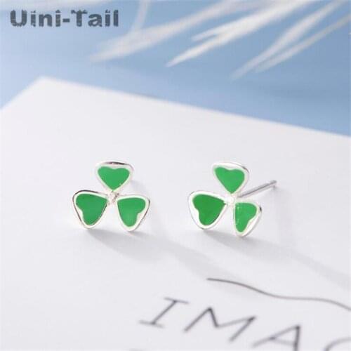 Uini-Tail hot new 925 sterling silver small fresh green trefoil earrings cute sweet romantic hypoallergenic jewelry wholesale