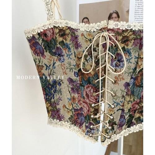 French Retro Style Women Sleeveless Camisole Hot Girl Sexy Tube Top Vest Female Floral Printing Lace Fashion Tank Tops Y1372