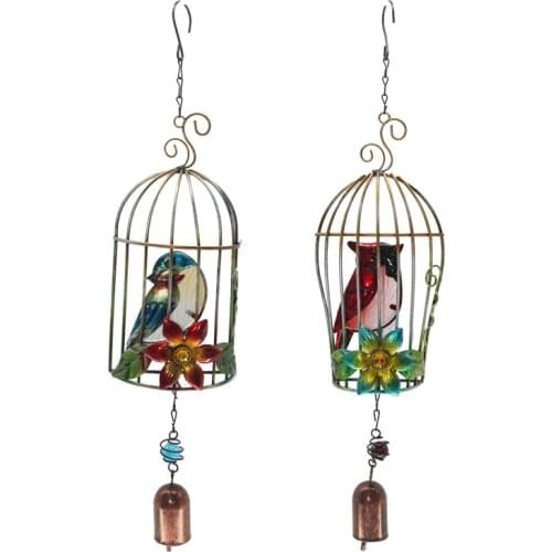 Metal Three-dimensional Bird Cage Wind Chimes Iron Glass Painting Bell Crafts Garden Balcony Hanging Ornaments Campanula Pendant