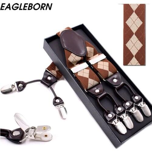 Fashion Suspenders leather alloy 6 clips Braces Male Vintage Casual suspensorio Trousers Strap Father/Husbands Gift 3.5*120cm