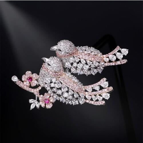 Lovely AAA Zircon Double Bird Rhinestone Brooch Pin Luxury Crystal Lovebird Brooches for Women Men Jewelry Broche Christmas Gift