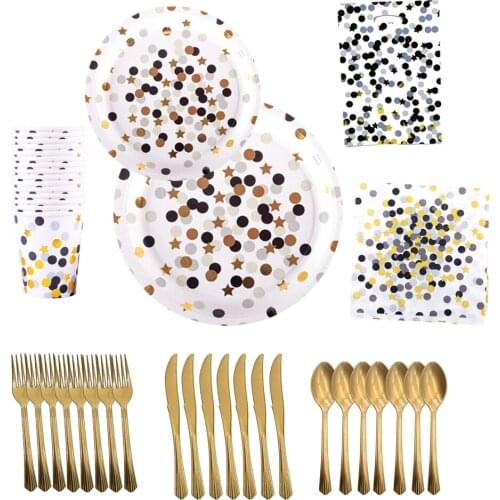 Gold Stamping Dots Theme Disposable Tableware Baby Shower Birthday Party Decorations Disposable Plates Napkins Cups Banners