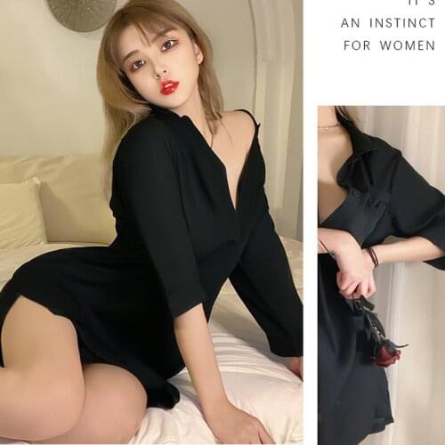 Adult Sex Clothing Sexy Chiffon Deep V Perspective Nightdress OL Cosplay Professional Uniform Suit Kawaii Short-sleeved Shirt