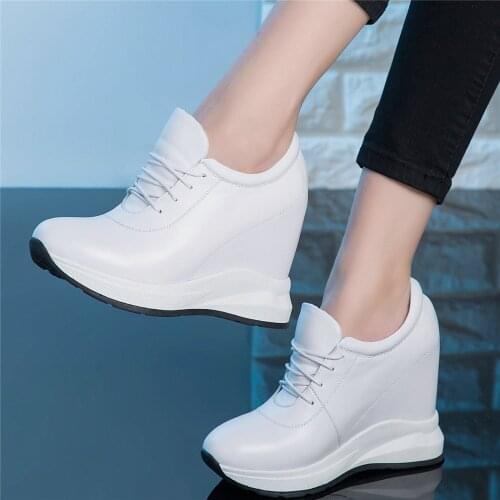 Fashion Sneakers Women Genuine Leather Wedges High Heel Ankle Boots Female Lace Up Round Toe Platform Pumps Shoes Casual Shoes