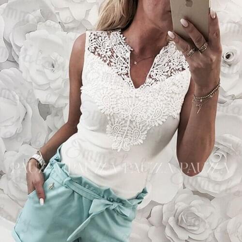 New Women Summer Lace Solid Sleeveless Blouse Casual Tank With V Neck Hollow Back Shirt Regular Size