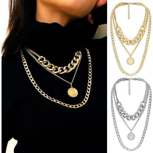 Vintage Fashion Romantic Women Hip-Hop Multi-Layer Embossed Queen Pendant Cuban Chain Necklace Jewelry for Party Club