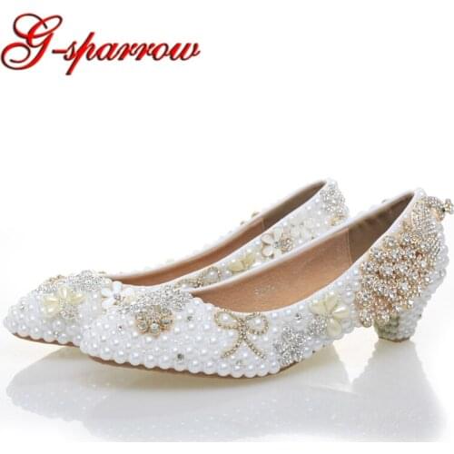 Graduation Ceremony Women Low Heel White Pearl Wedding Shoes Luxury Colorful Crystal Shoes Rhinestone Pumps Party Prom Shoes