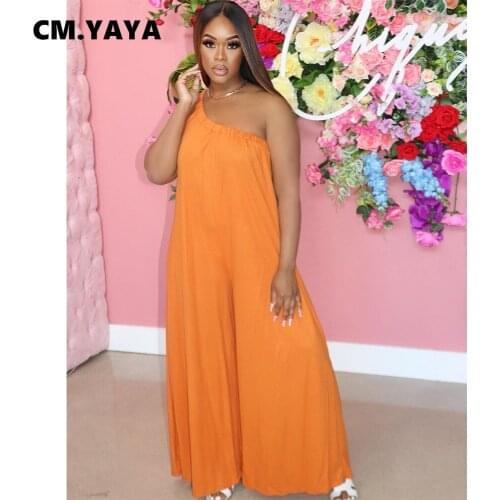 CM.YAYA One Shoulder Sleeveless Skew Neck Loose Skirts Style Womens Jumpsuit Beach Holiday Basic Romper Outfits