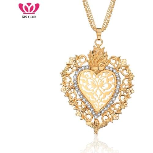 New Gold Flower Heart Angle Glory Pendant Necklace Crystal Long Sweater Collar Women Vintage Jewelry dropshipping Best Gift