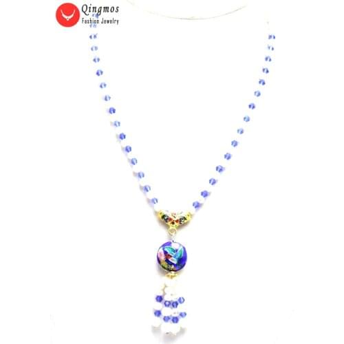 Qingmos Natural 5-6mm Round White Pearl Necklace for Women with Blue Crystal & 18mm Cloisonne Pendant Necklace Jewelry Nec6328