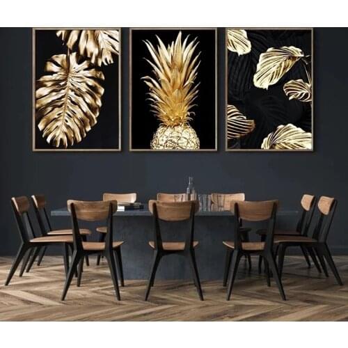 Abstract Black Wall Art Golden Plant Leaf Canvas Printings Nordic Modern Pineapple Lotus Leaf Poster And Print Home Room Decor