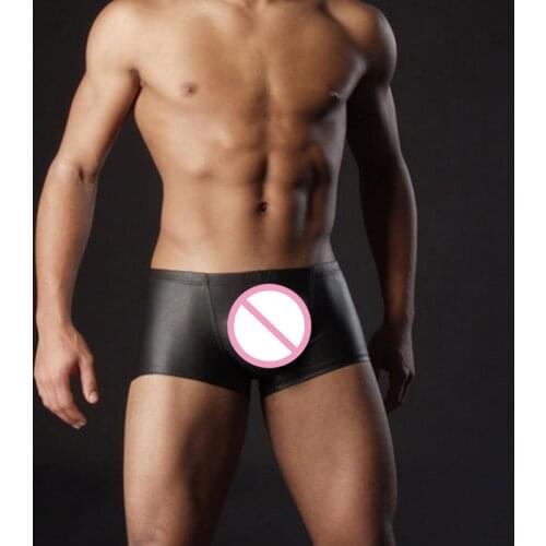 Fashion Boxers Sexy Men PU Faux Lingerie Imitation Leather Underwear Boxers Shorts Sheathy Cool Male Underwear Hoop Shorts