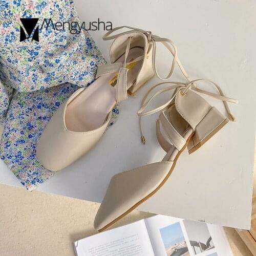 Fairy style front cross-tied girls closed toe sandals women thick cover med high heels sandalias cozy square toe femmes sandales