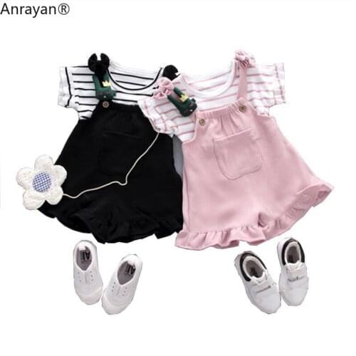 Baby Girls Clothing Kids Striped T-shirt Cartoon Decoration Dresses Strap Shorts Sports Suit Newborn Outfit Infant Clothes Sets