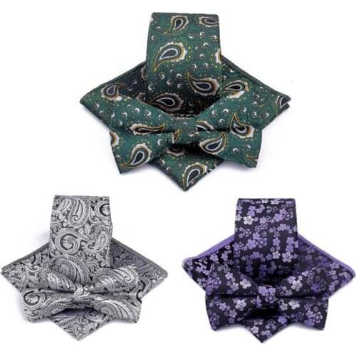 GUSLESON Printing Red Yellow 6cm Tie Set For Men Necktie Handkerchief and Bow Tie Set for Wedding Business Party Formal Gift