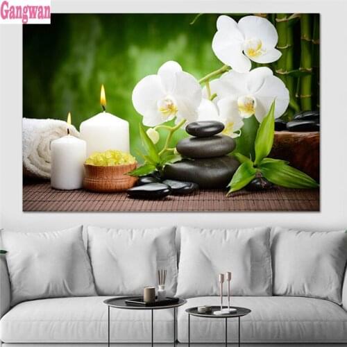 Zen Spa Still Life Diamond Painting white orchid stone Diamond Embroidery All Drill Rhinestone Mosaic Picture by numbers decor