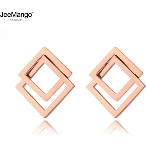 JeeMango Fashion Stainless Steel Double Hollow Square Geometric Earrings Rose Gold Handmade Ear Jewelry For Women Girls JE19168