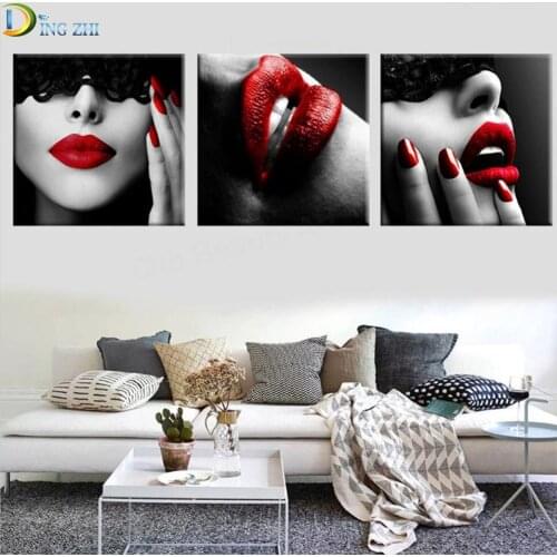 Sexy Red Lips Beauty Lady 5D Diamond Painting Wall Art Mosaic Diamond Embroidery Full Square Round Drill Studio Triptych Decor