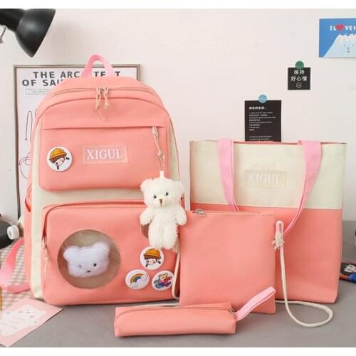 4 Piece Set Backpack for Teenage Girl 2021 Simple School Backpack Canvas Travel Backpack Women Bookbag Student Schoolbag Fashion