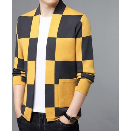 Autumn Korean High Quality Mens Business Casual Sweaters Mens Cardigan Knitted Sweatercoats Plaid Jacket Male 3 Colors M-3XL