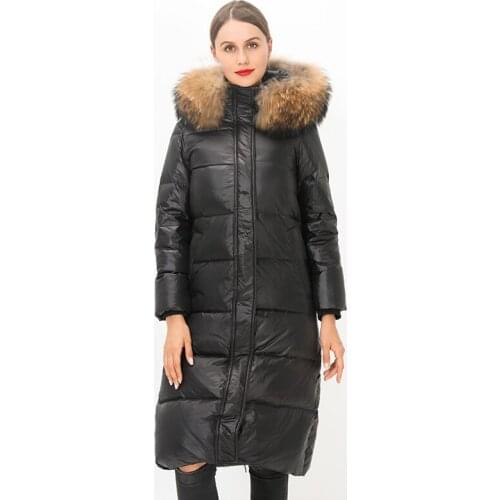 Large Real Raccoon Fur Hooded Puffer Jacket 2021 Women 90% Duck Down Filling Coat Shiny Waterproof Over The Knee Feather Parka
