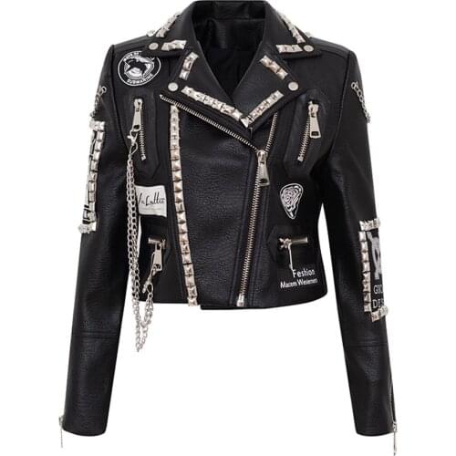 Autumn Winter New Rivet Women Graffiti Jacket PUNK Print Letter Slim Motorcycle Chain Coat PU Faux Leather Studs Short Outwear