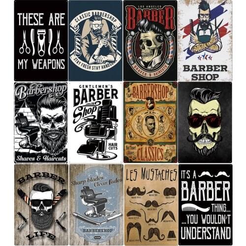 Shaves and Haircuts Barber Shop Metal Poster Plate Man Hairstyle Tattoos Tin Sign Plaque Bar Cafe Home Decor Iron Painting