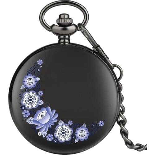 Moon Shaped Purple Flowers Pocket Watch Fashion Floral rattan Quartz Pocket Watch Jewelry Chain Clock Gifts for Men Women 2020