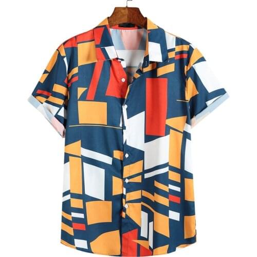 Mens Printed Short-sleeved Holiday Style Color block Beach Shirt Mens Large Size Loose Beach Top 2021 Hawaiian Shirts