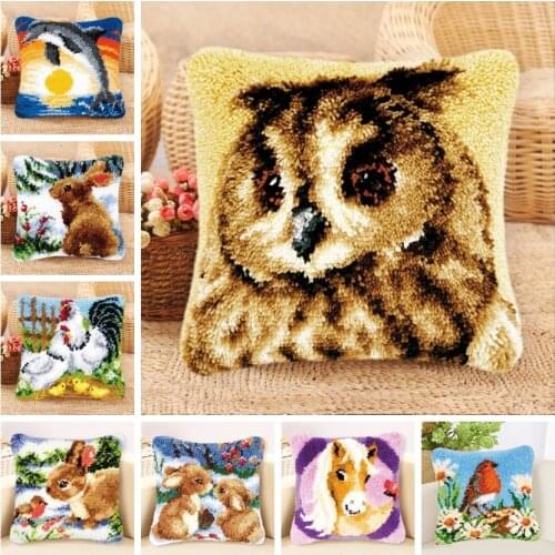 Smyrna Tapijt Kussen Knooppakket Latch Hook Kits Rug Canvas Animal Cat Cross Stitch Pillowcase Blank Canvas klink Haak Woolens